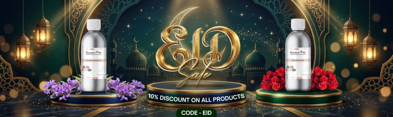 Promotional banner with two bottles, decorative elements, and 'EID' text on a festive background.