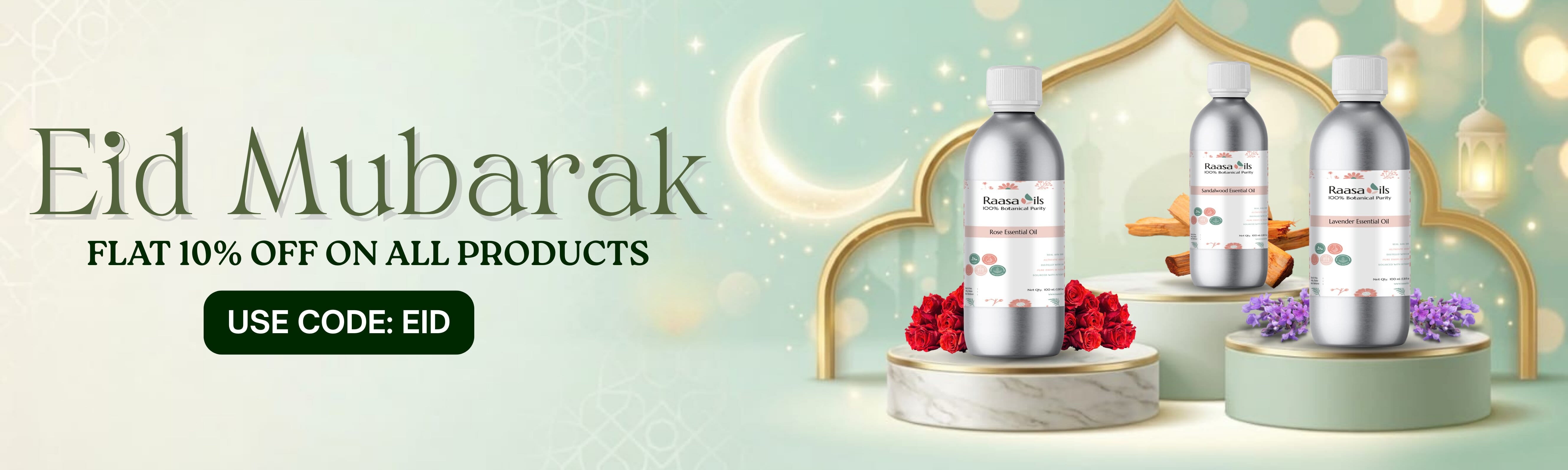 Promotional banner for Eid Mubarak with skincare products and a discount offer.