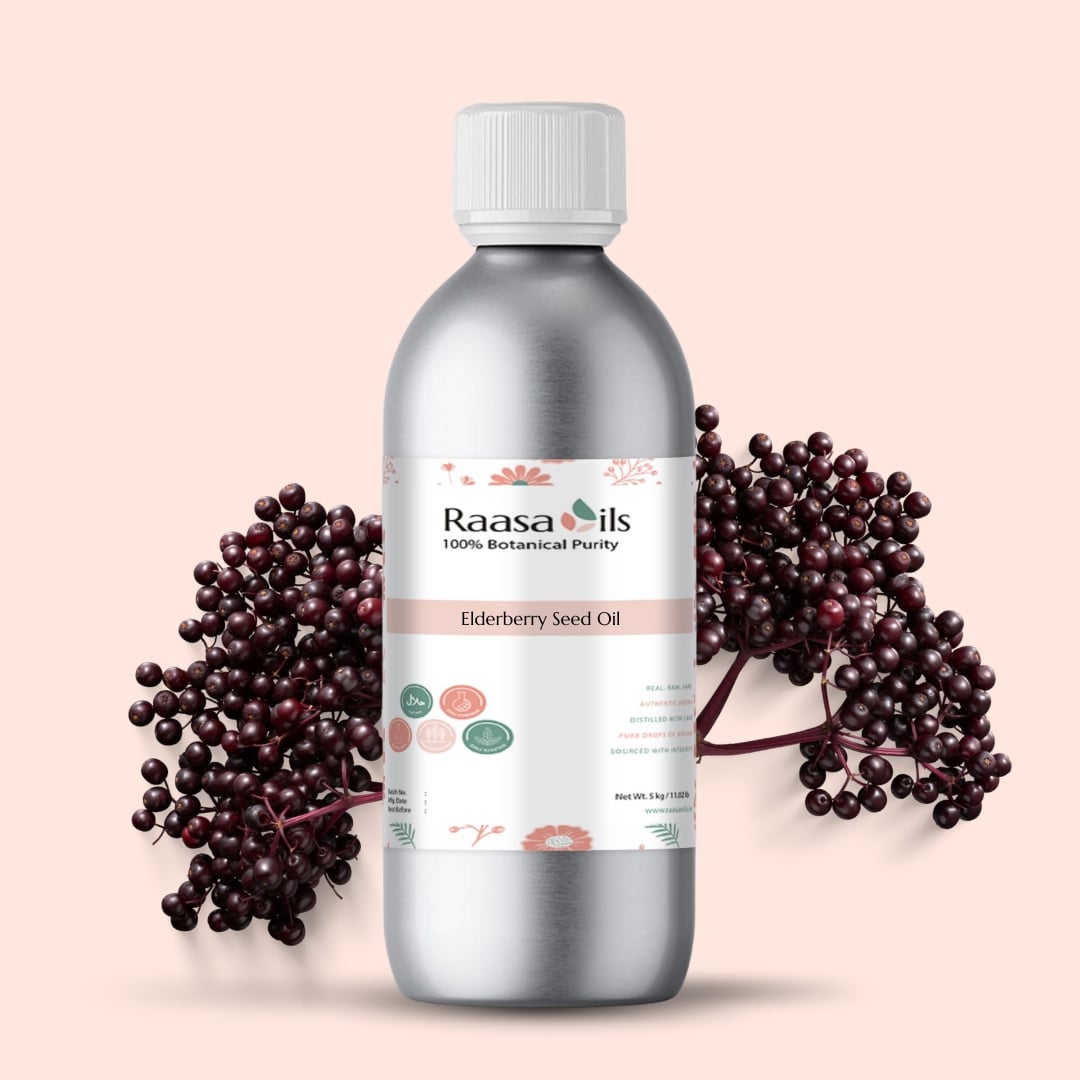 Bottle of Raasa Oils Elderberry Seed Oil with elderberries on a beige background