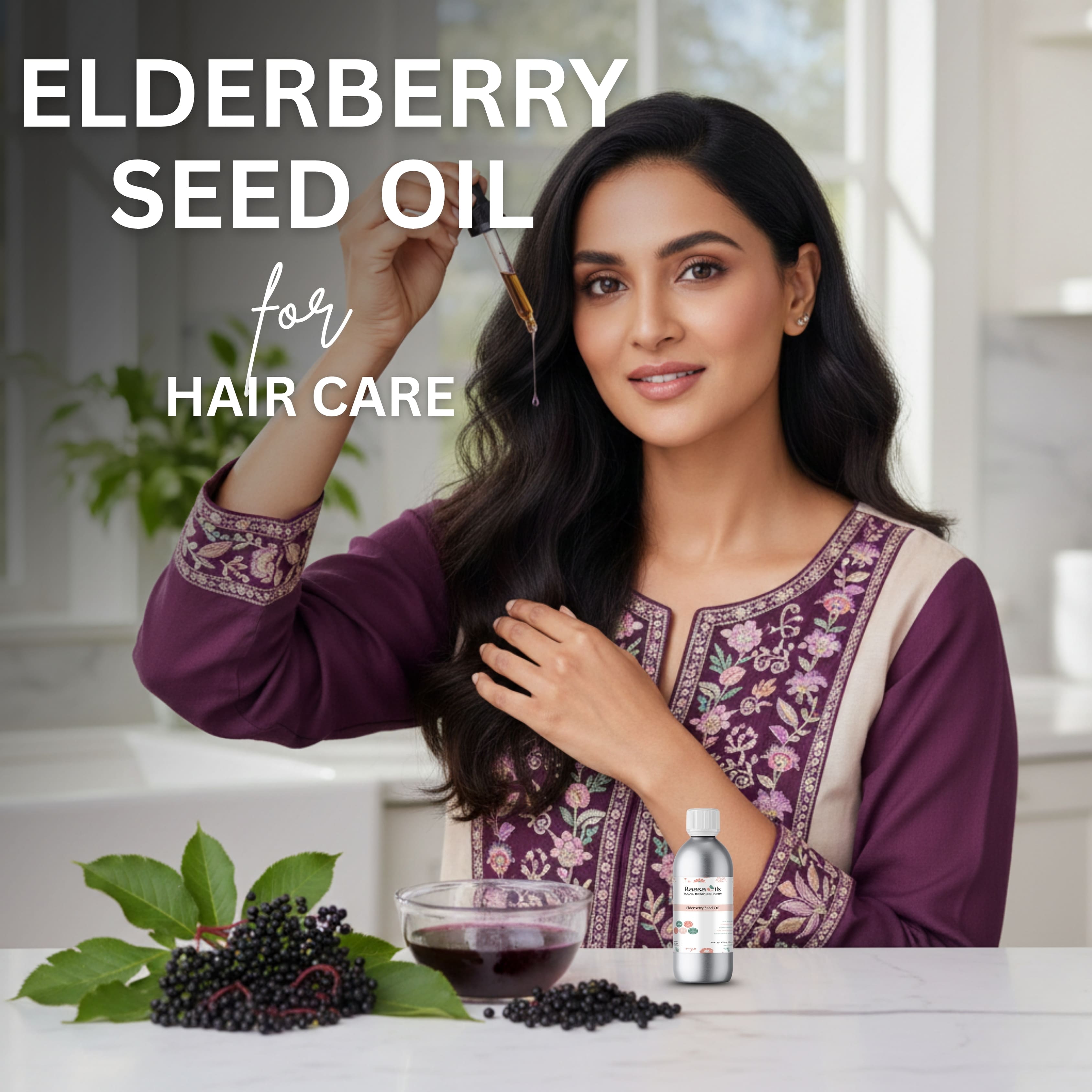 Woman applying elderberry seed oil to her hair with text 'Elderberry Seed Oil for Hair Care' in a kitchen setting.