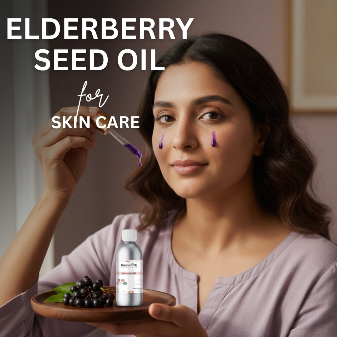 Woman holding a dropper with elderberry seed oil and a bottle labeled 'Natura Plus' on a wooden tray.