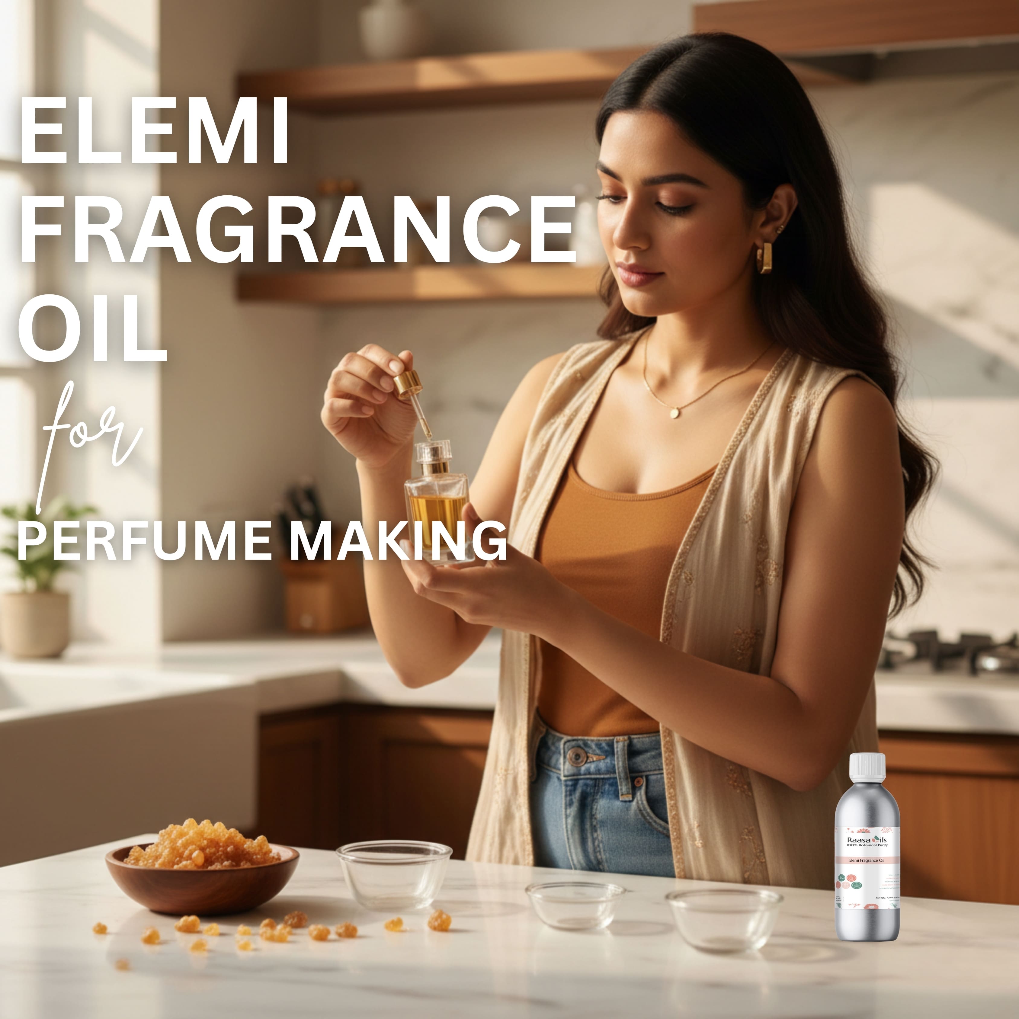 Woman in a kitchen holding a bottle of elemi fragrance oil with text about elemi fragrance oil for perfume making.