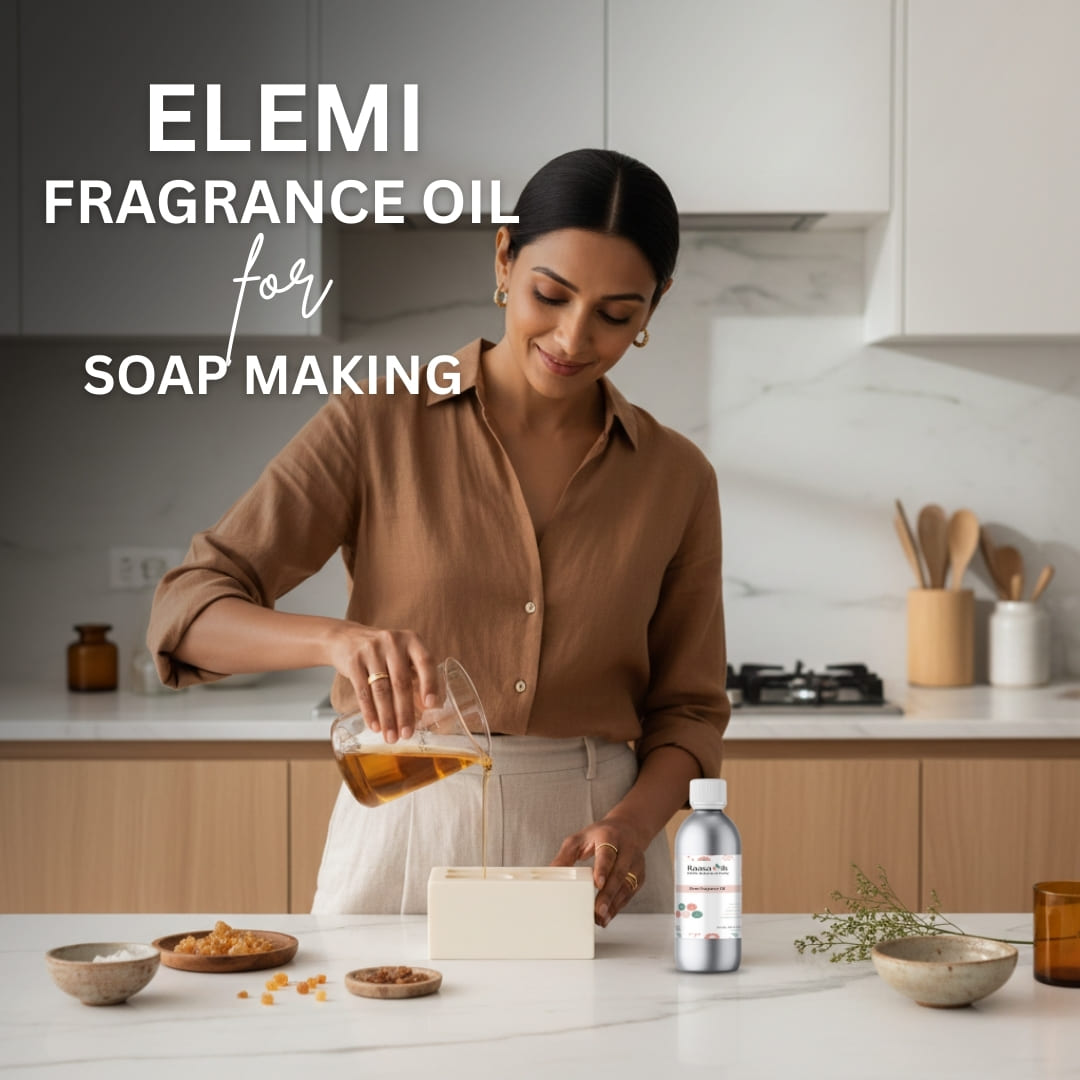 Woman pouring a liquid into a container in a kitchen withElemi fragrance oil for soap making text.