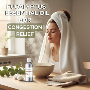 Woman with a towel on her head using eucalyptus essential oil for congestion relief.