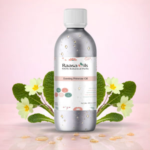 Bottle of Raasa Oils Evening Primrose Oil with floral and leaf elements on a pink background