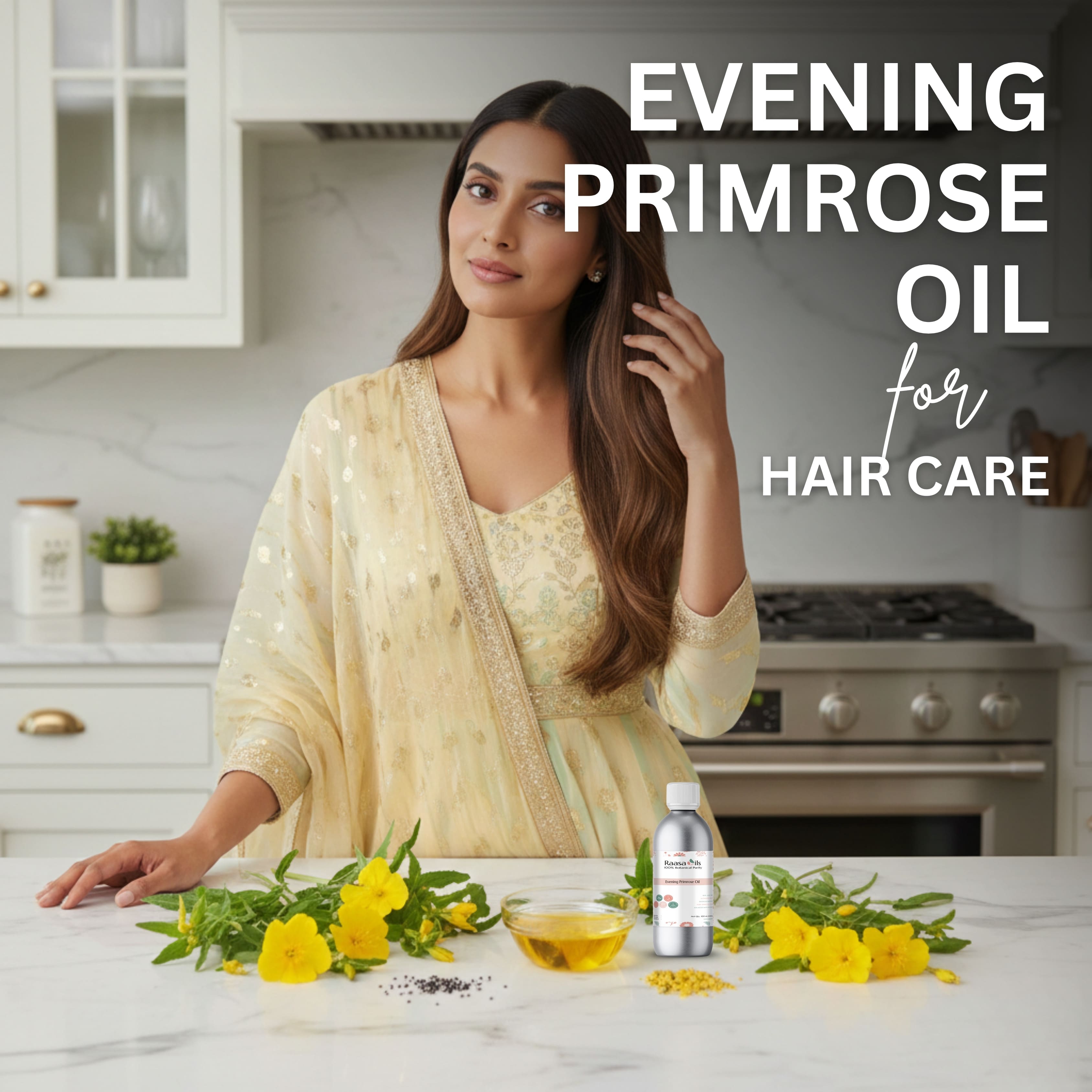 Woman with long hair in a kitchen setting with evening primrose oil and flowers on the counter.