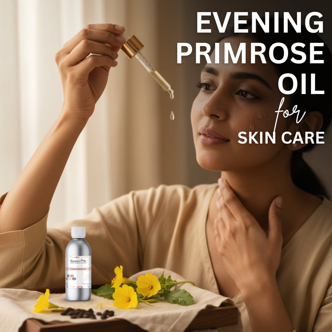 Woman applying evening primrose oil to her face with a dropper, surrounded by flowers and a bottle of the product.