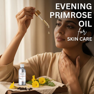 Woman applying evening primrose oil to her face with a dropper, surrounded by flowers and a bottle of the product.