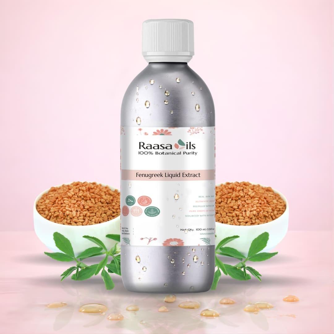 Raasa Oils Fenugreek Liquid Extract bottle with fenugreek seeds and leaves on a pink background
