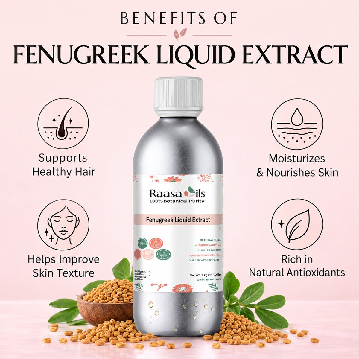 A bottle of Raasa iils Fenugreek Liquid Extract centered on a light pink background with text and icons describing benefits for hair and skin. The bottle is metallic silver with a white cap and a white label featuring pink and green details.