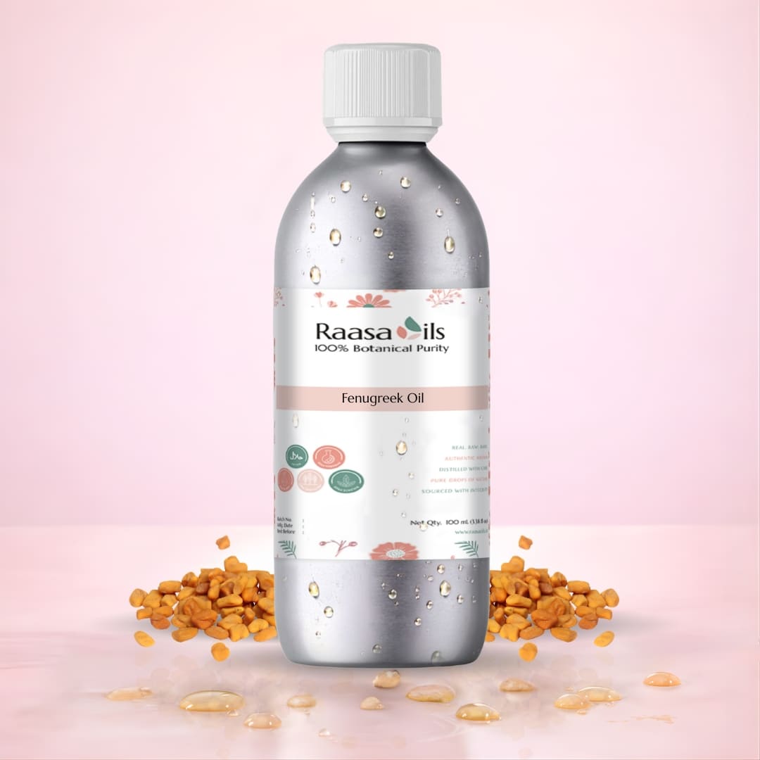 Bottle of Raasa Oils Fenugreek Oil with fenugreek seeds on a pink background