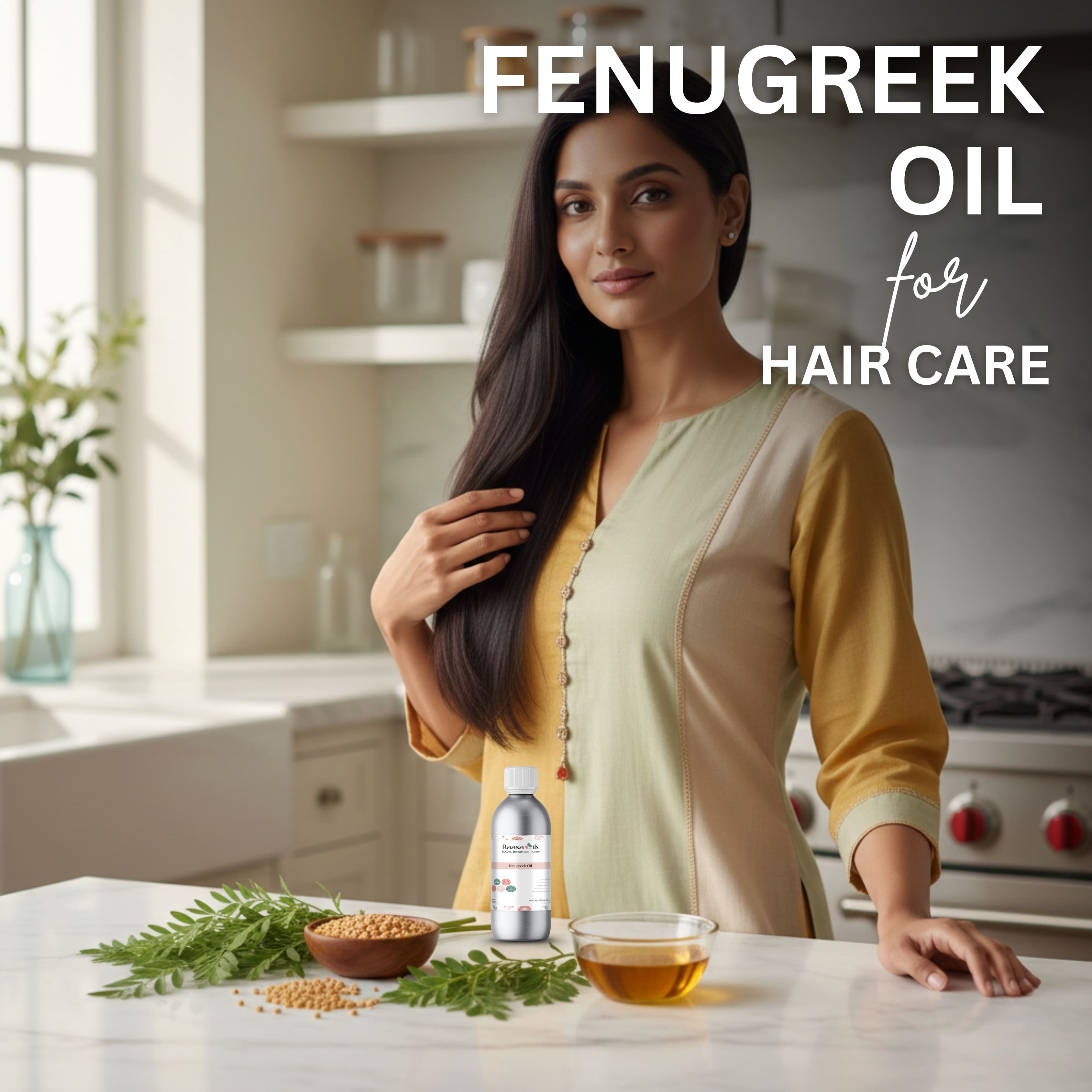 Woman with long hair standing in a kitchen with fenugreek oil and ingredients on the counter.