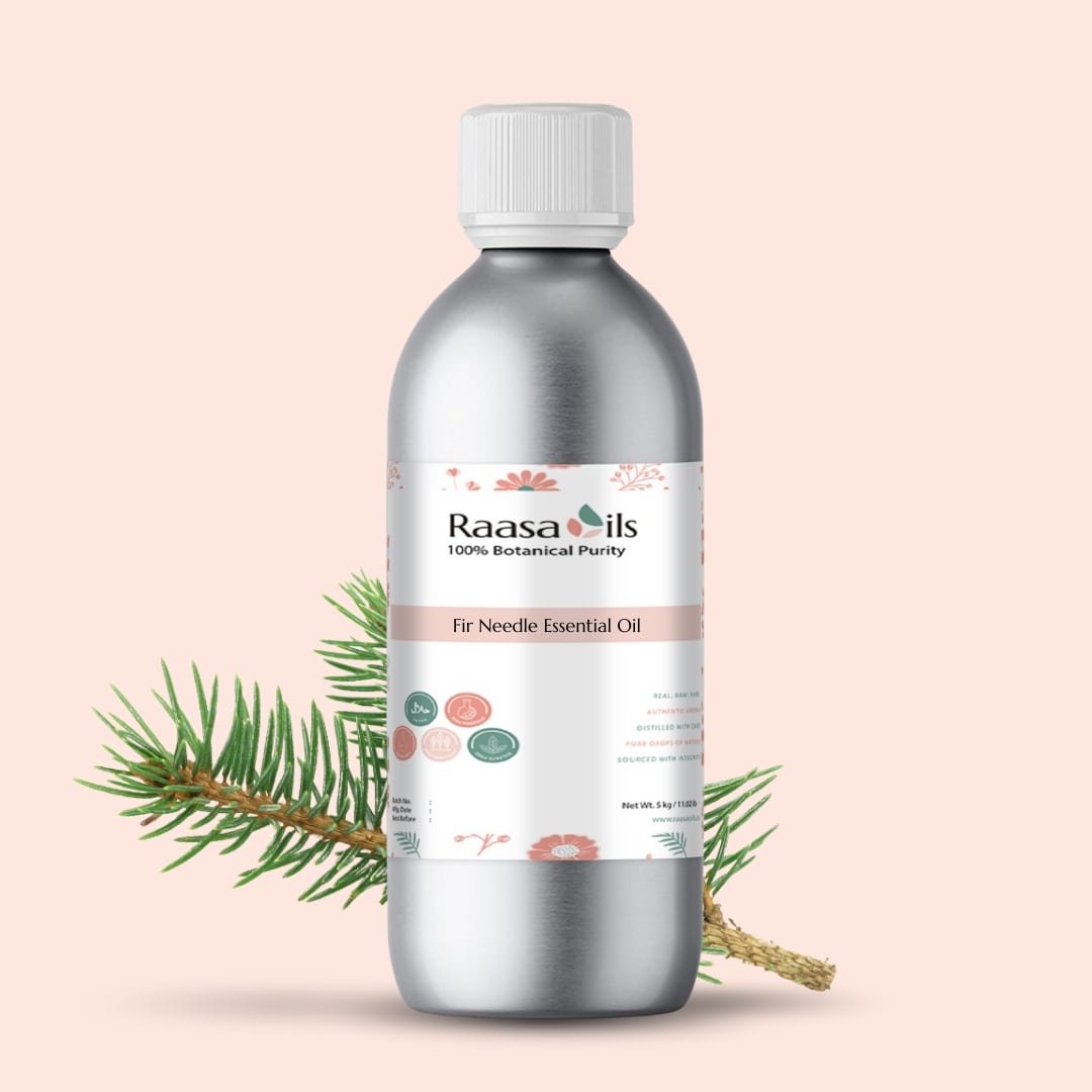 Bottle of Raasa Oils Fir Needle Essential Oil with a branch on a light pink background