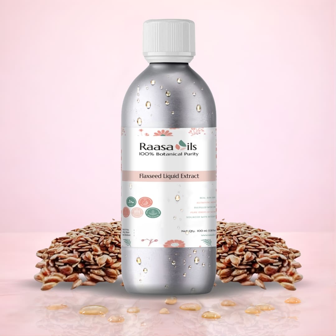 Bottle of Raasa Oils Flaxseed Liquid Extract with flaxseeds on a pink background
