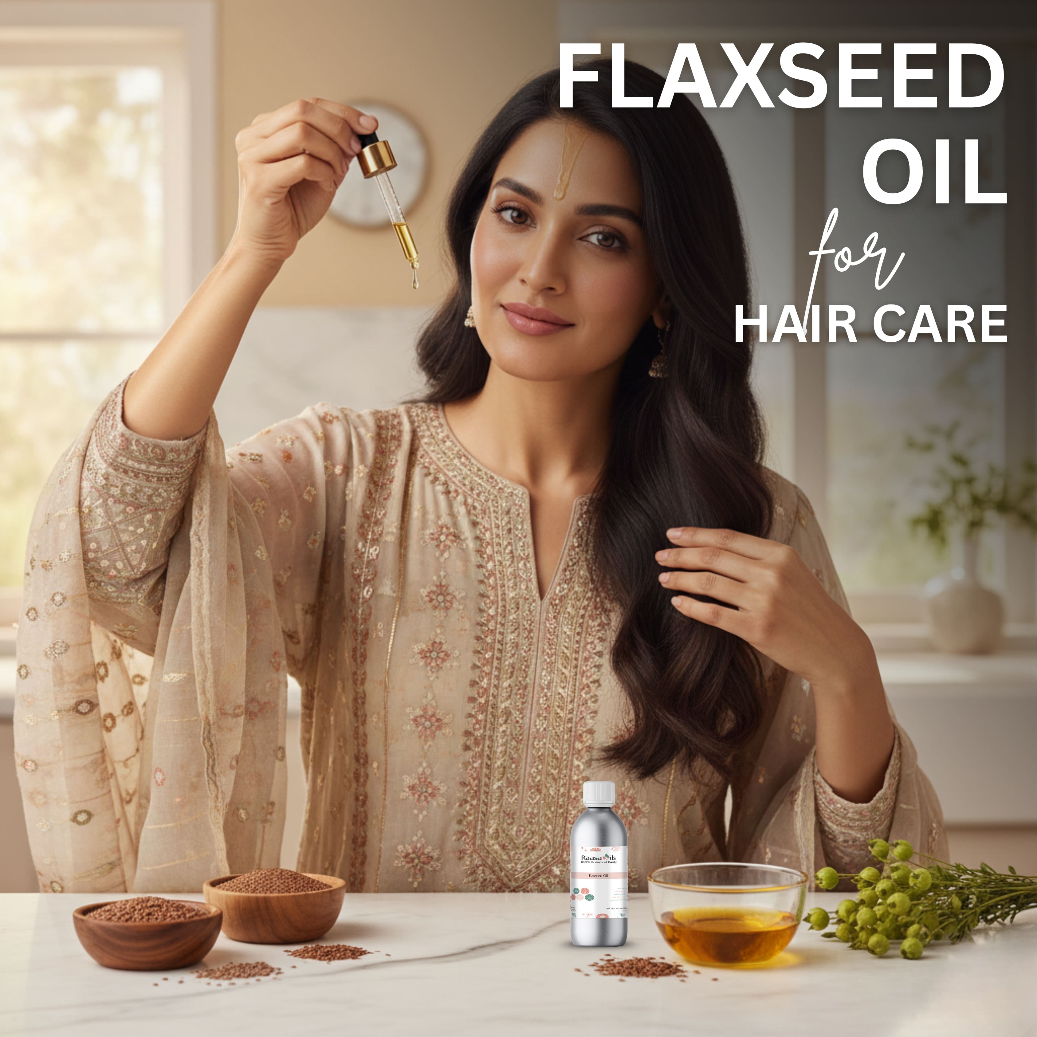 Woman with long hair holding flaxseed oil dropper and bottle, with text 'Flaxseed Oil for Hair Care'.