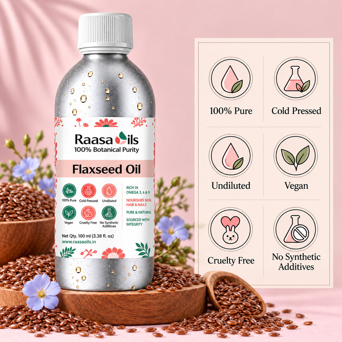 A bottle of Raasails 100% Botanical Purity Flaxseed Oil displayed on a wooden stand with flaxseeds, next to a graphic card highlighting product benefits like '100% Pure', 'Cold Pressed', and 'Vegan' against a soft pink background.