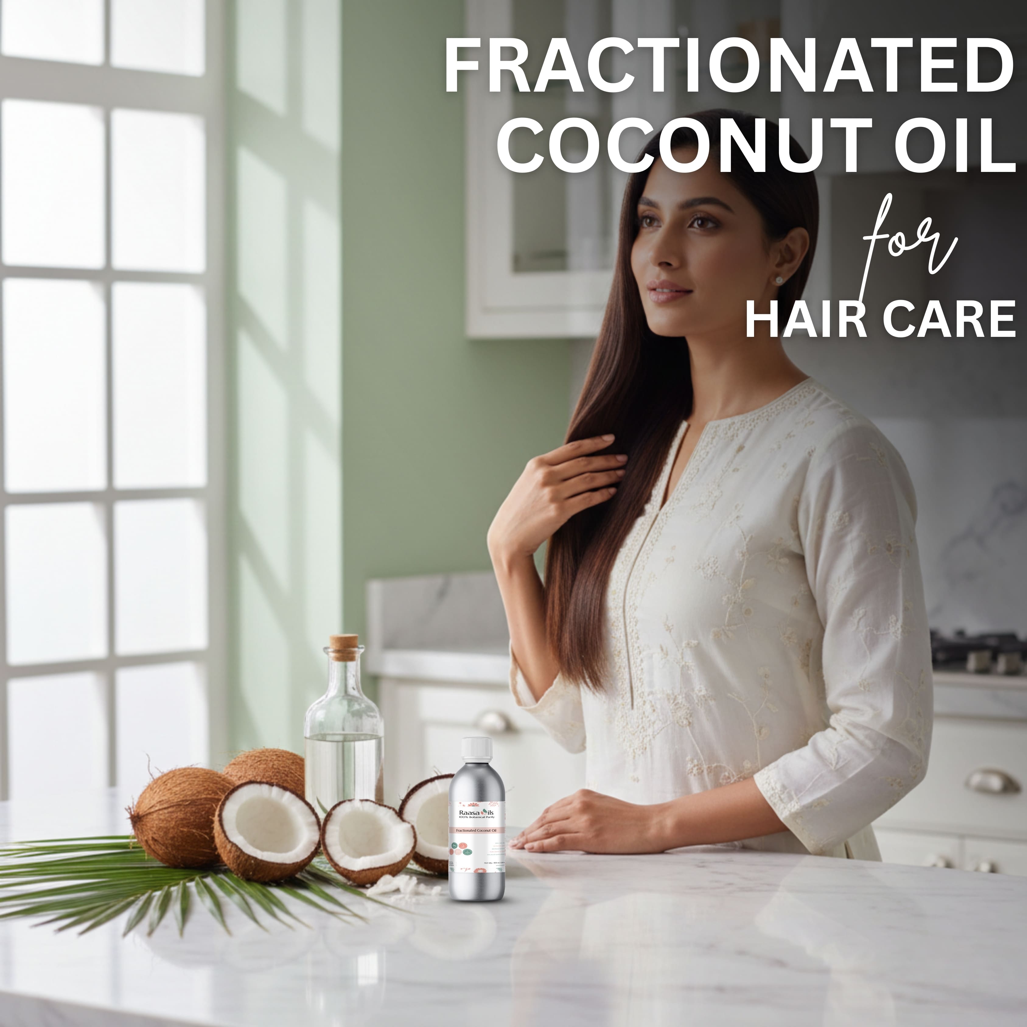 Woman with long hair standing next to coconuts and a bottle of Fractionated Coconut Oil on a marble surface.
