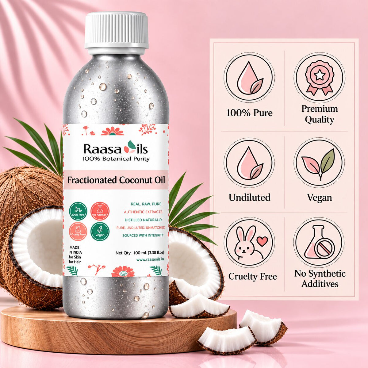 A bottle of Raasa Oils Fractionated Coconut Oil stands on a wooden tray with halved coconuts around it against a pink satin backdrop. A product information panel on the right lists benefits such as 100% pure, premium quality, undiluted, vegan, cruelty free, and no synthetic additives.