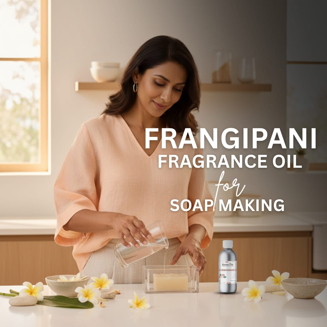 Woman making soap with frangipani fragrance oil in a kitchen setting