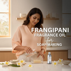 Woman making soap with frangipani fragrance oil in a kitchen setting