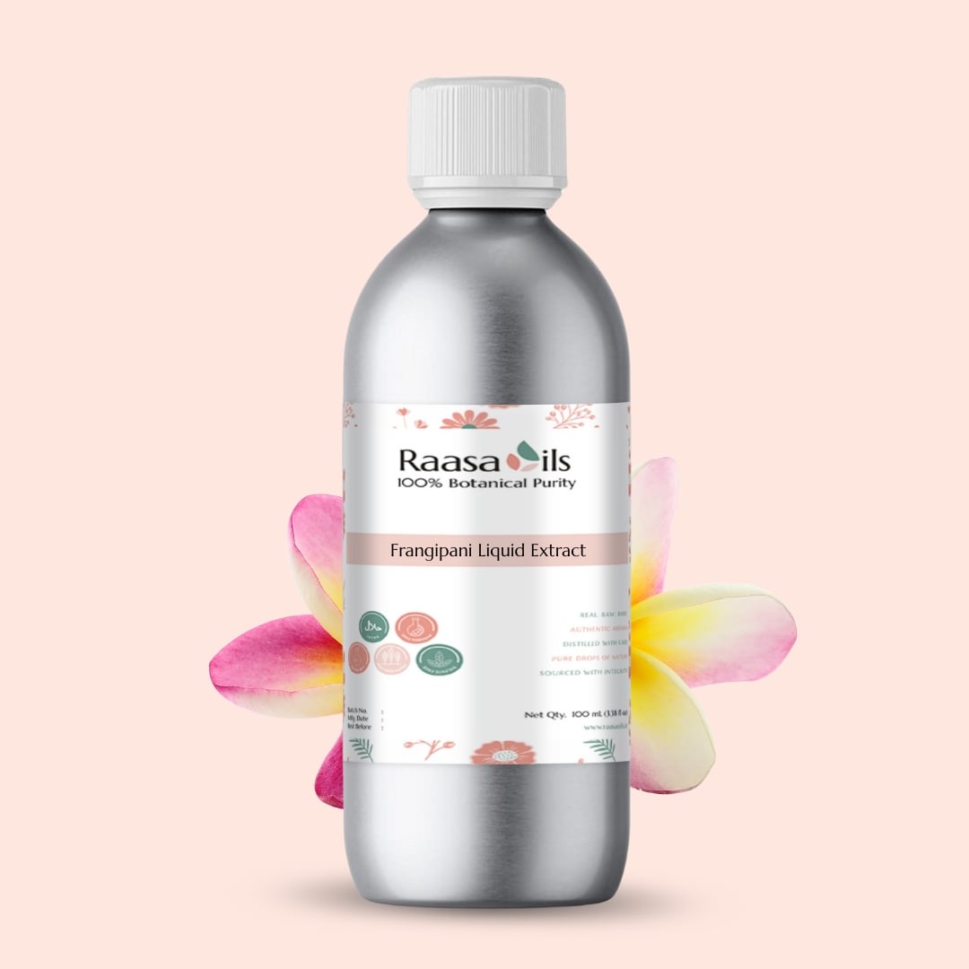 Bottle of Raasa Oils Frangipani Liquid Extract on a light pink background with flowers.