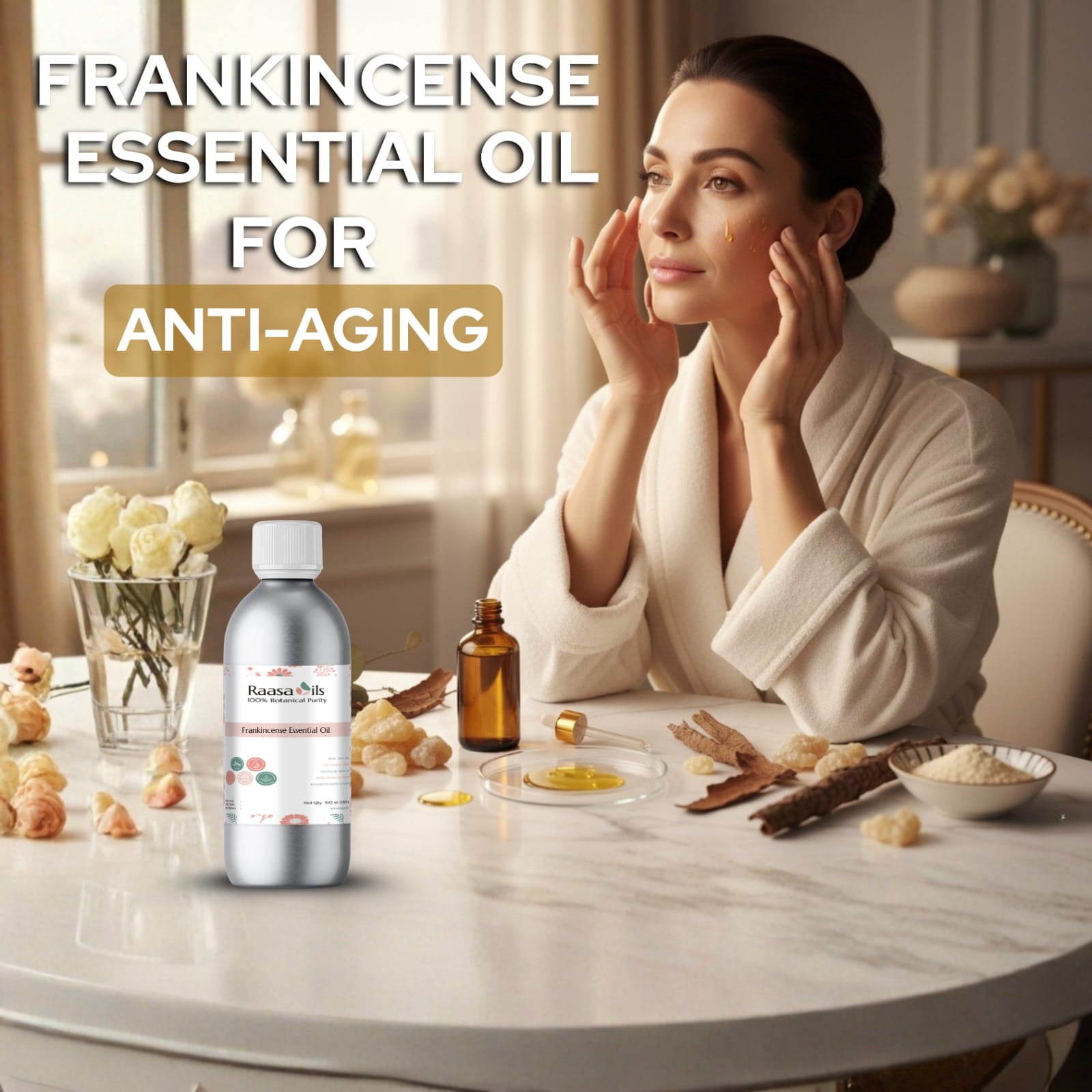 Woman in a bathrobe with frankincense essential oil for anti-aging, with a bottle and dropper on a table.