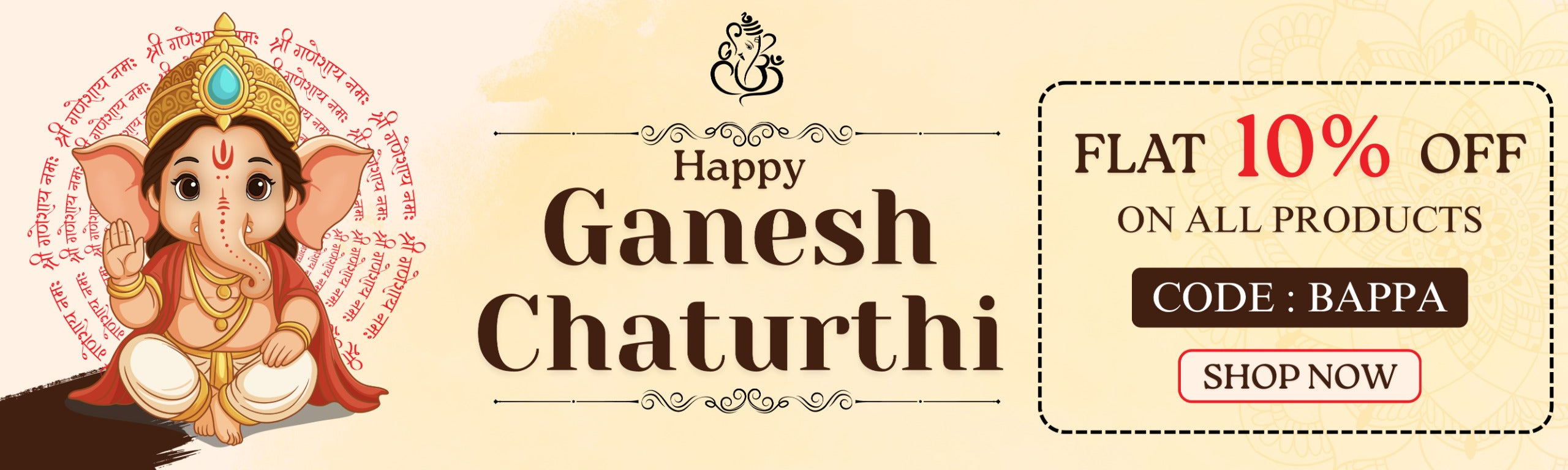 Ganesh Chaturthi celebration banner with Lord Ganesha and promotional text for a discount offer.