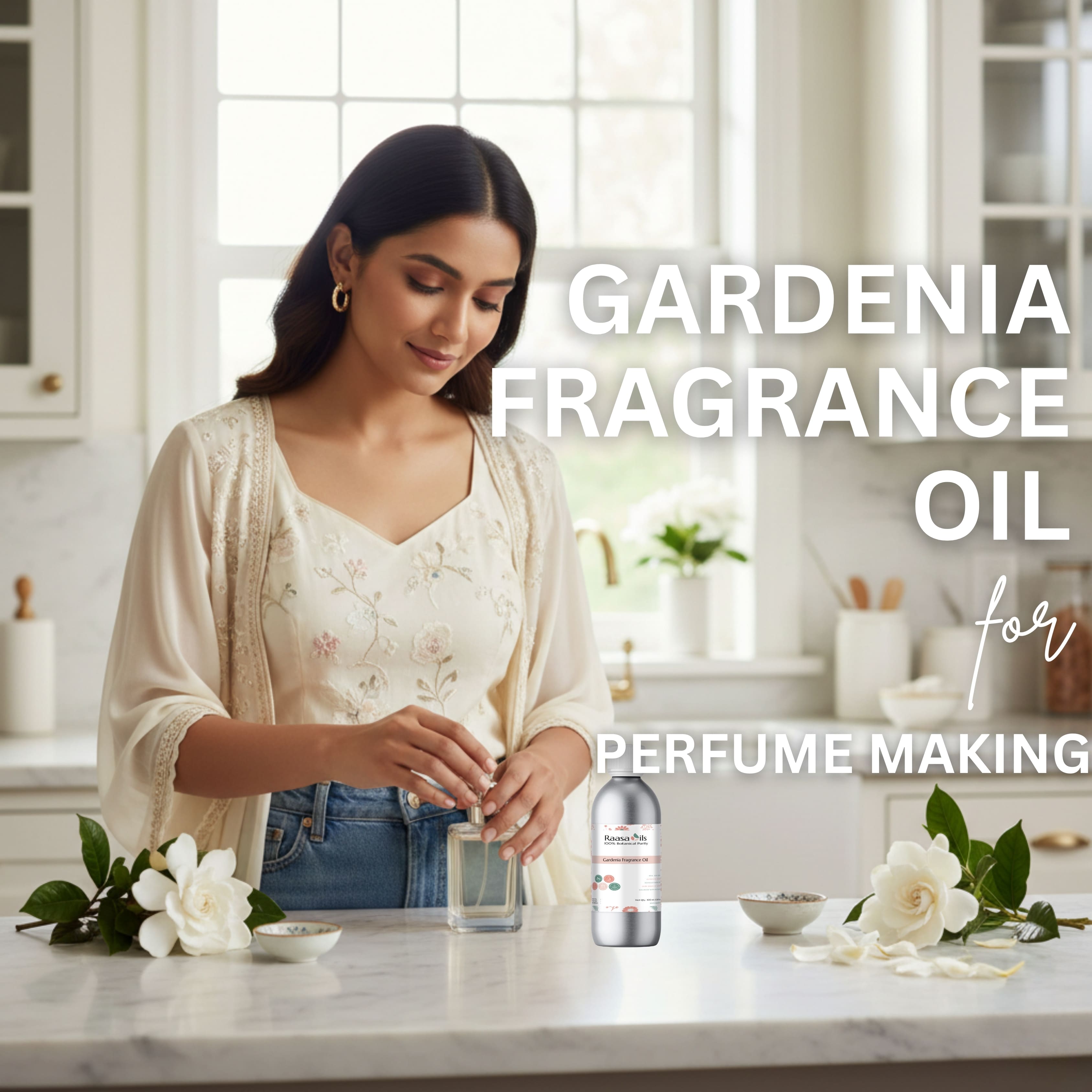 Woman making perfume with gardenia fragrance oil in a kitchen setting