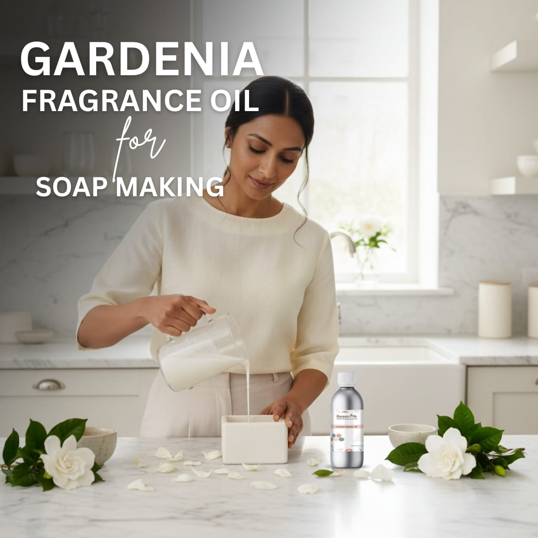 Woman pouring liquid into a container with Gardenia fragrance oil on a kitchen counter.