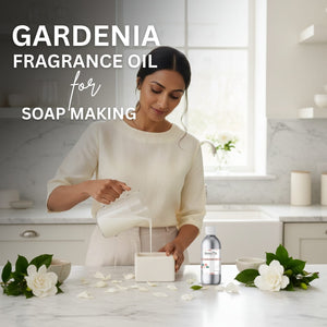Woman pouring liquid into a container with Gardenia fragrance oil on a kitchen counter.
