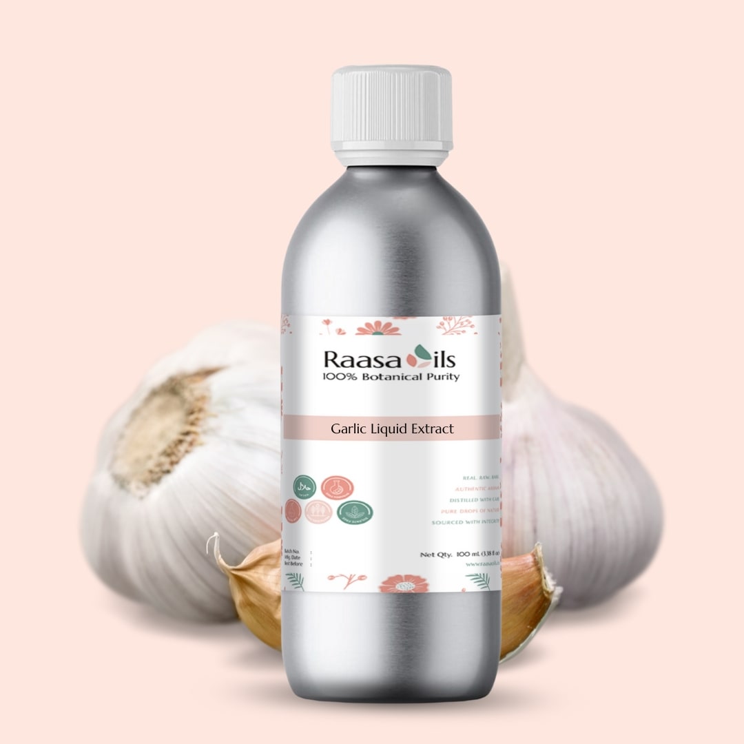 Bottle of Raasa Oils Garlic Liquid Extract with garlic bulbs in the background on a light pink background