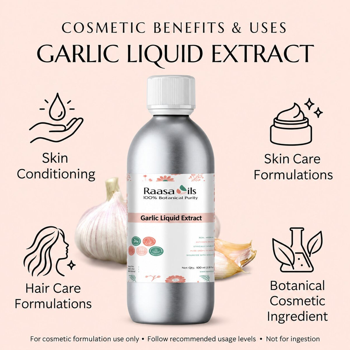 A bottle of Raasa oils Garlic Liquid Extract centered on a pale pink background, surrounded by icons and text describing skin conditioning, skin care formulations, hair care formulations, and botanical cosmetic ingredient benefits. A garlic bulb and sliced garlic are visible behind the bottle.