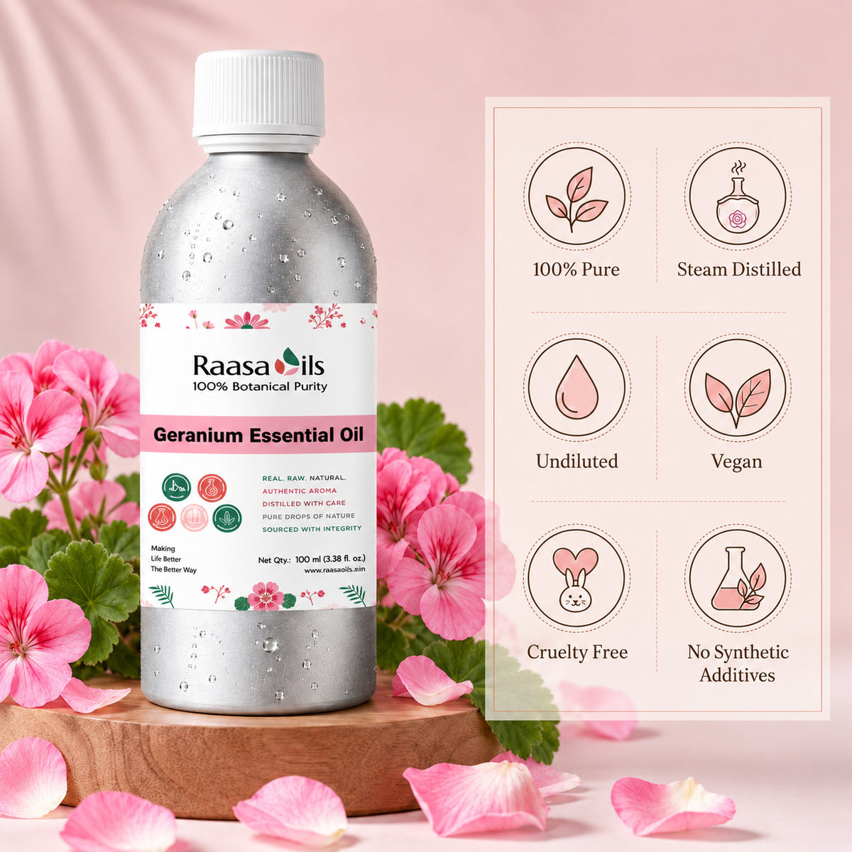 A bottle of Raasa Oils Geranium Essential Oil stands on a wooden pedestal surrounded by pink geranium flowers and petals, with a pink informational panel showing product benefits beside it.