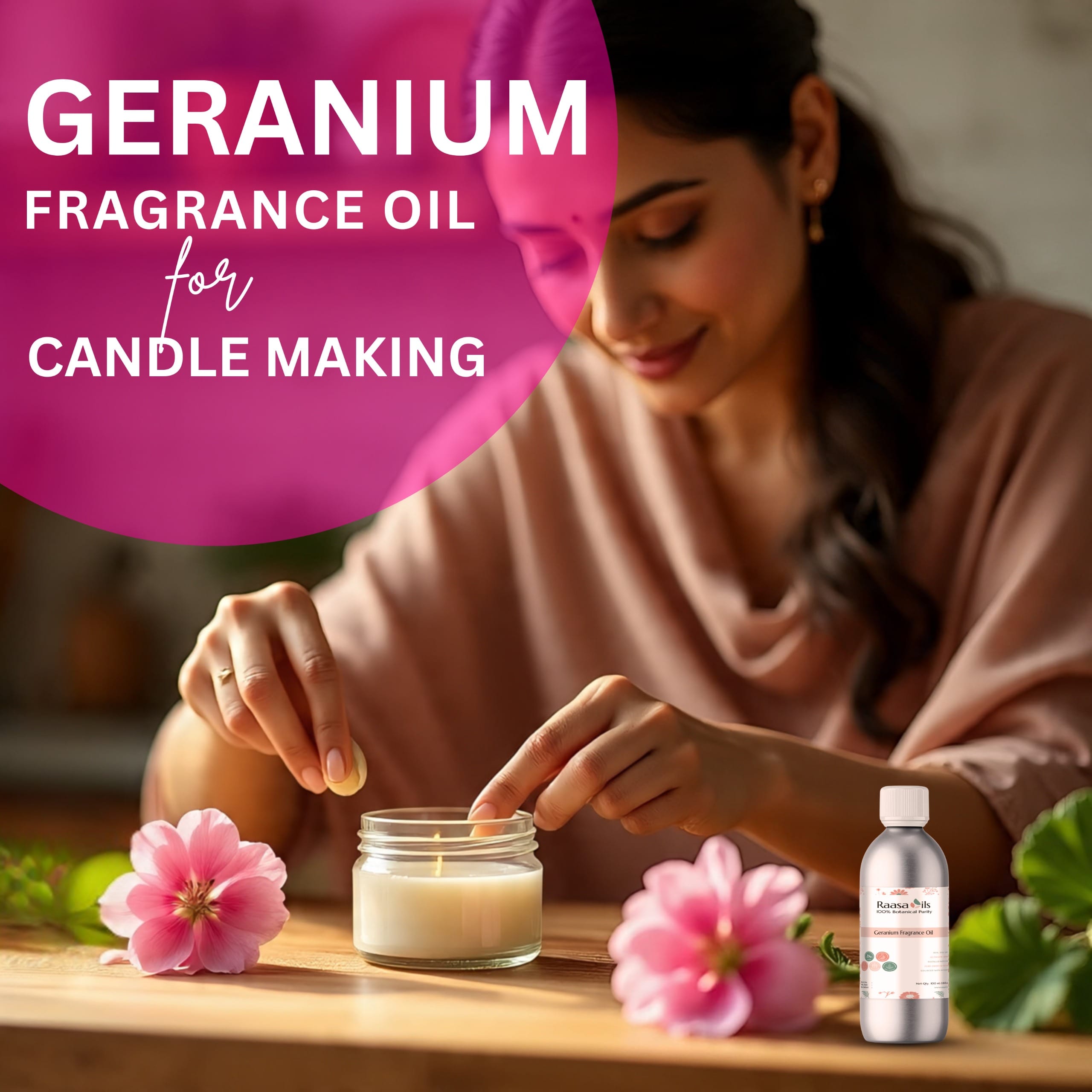 Woman lighting a candle with geranium fragrance oil, surrounded by flowers and a bottle of the oil.