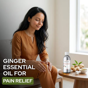 Woman sitting on a couch with ginger essential oil for pain relief text and product displayed.