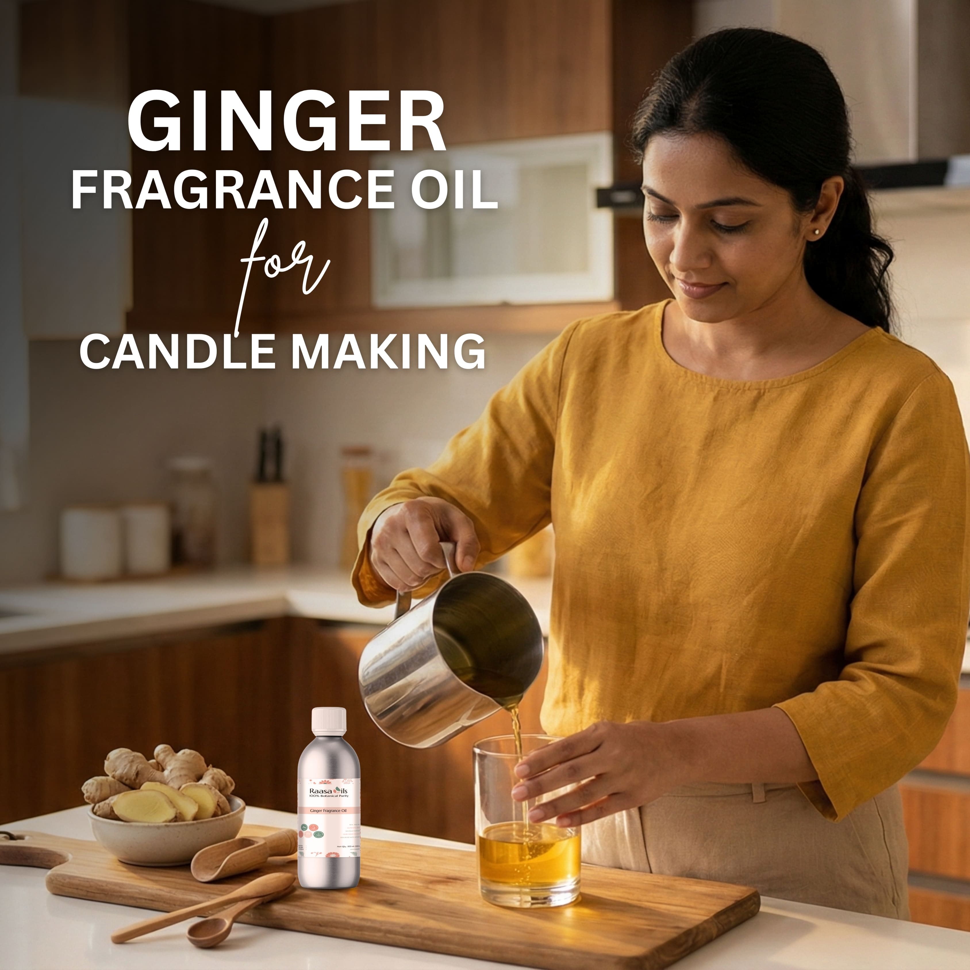 Woman in a kitchen pouring liquid into a glass with text about ginger fragrance oil for candle making.