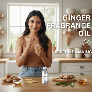 Woman holding a bottle of ginger fragrance oil in a kitchen setting with ingredients and a product container.