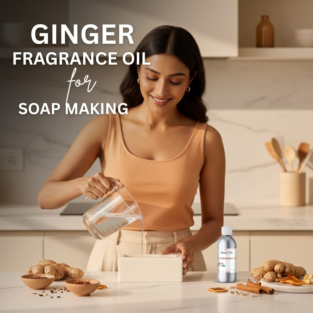 Woman pouring liquid into a mold with ginger and fragrance oil on a kitchen counter.