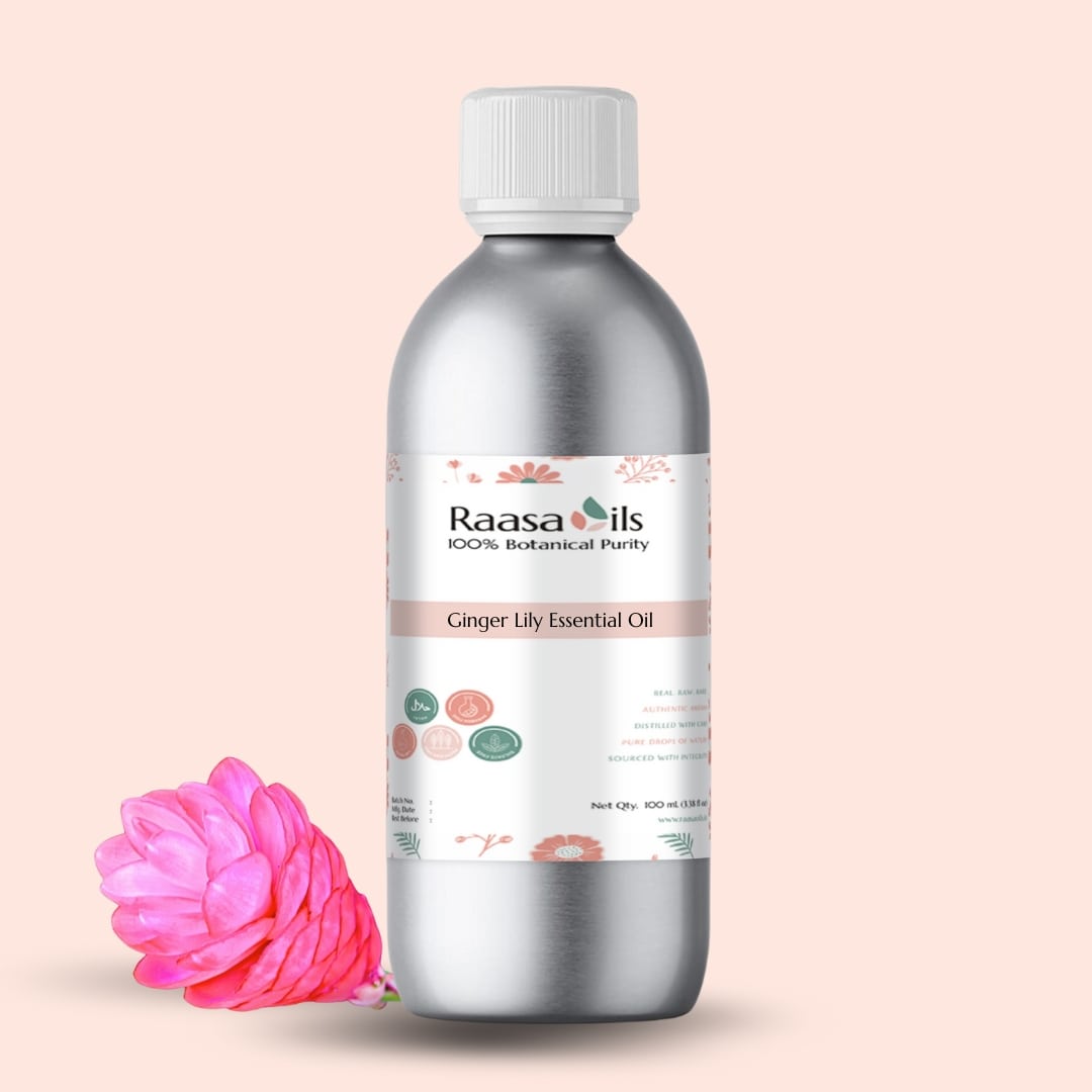 Raasa Oils Ginger Lily Essential Oil bottle with a pink flower on a beige background