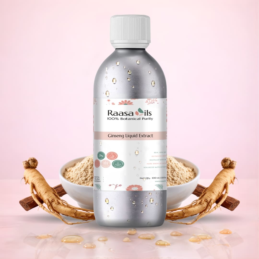 Bottle of Raasa Oils Ginseng Liquid Extract with ginseng roots and powder on a pink background