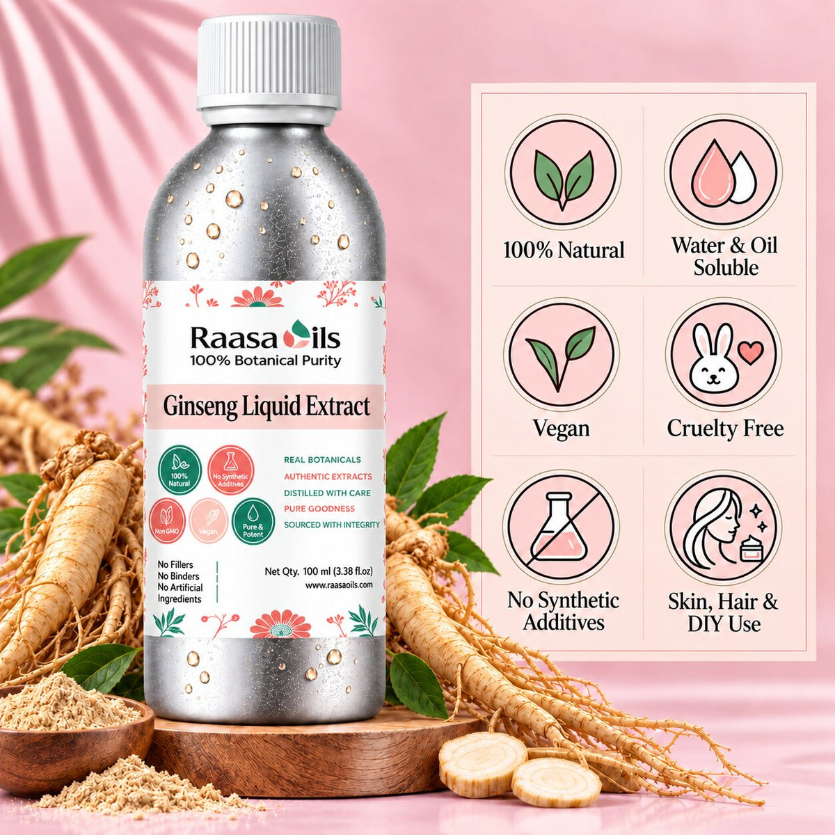 A bottle of Raasa oils Ginseng Liquid Extract centered on a pink background with herbal props including ginseng roots, powder in bowls, and a feature icons panel on the right.