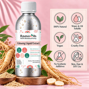 A bottle of Raasa oils Ginseng Liquid Extract centered on a pink background with herbal props including ginseng roots, powder in bowls, and a feature icons panel on the right.