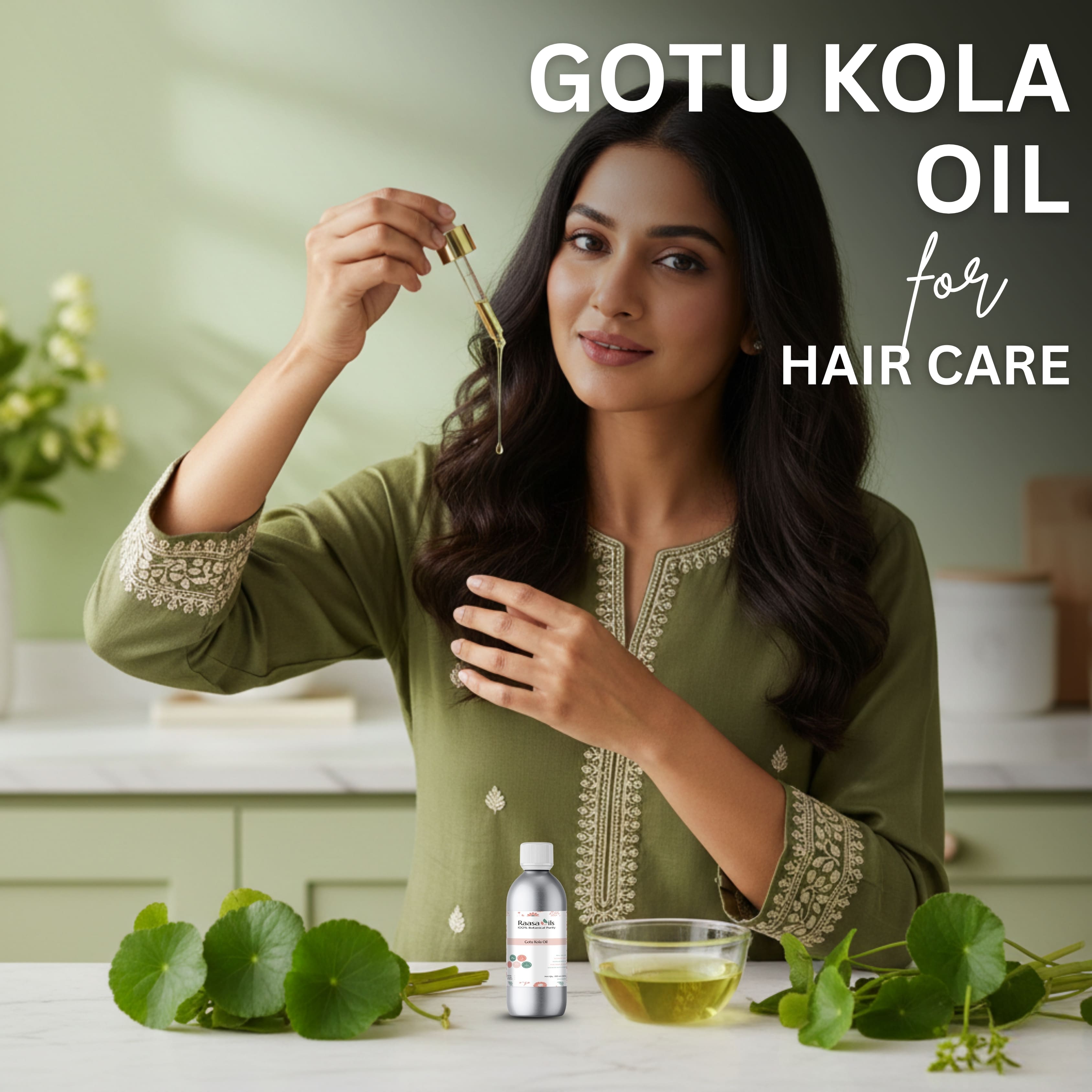 Woman holding gotu kola oil with product and leaves on a table