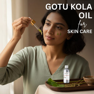 Woman holding a dropper with gotu kola oil for skin care, with text overlay.