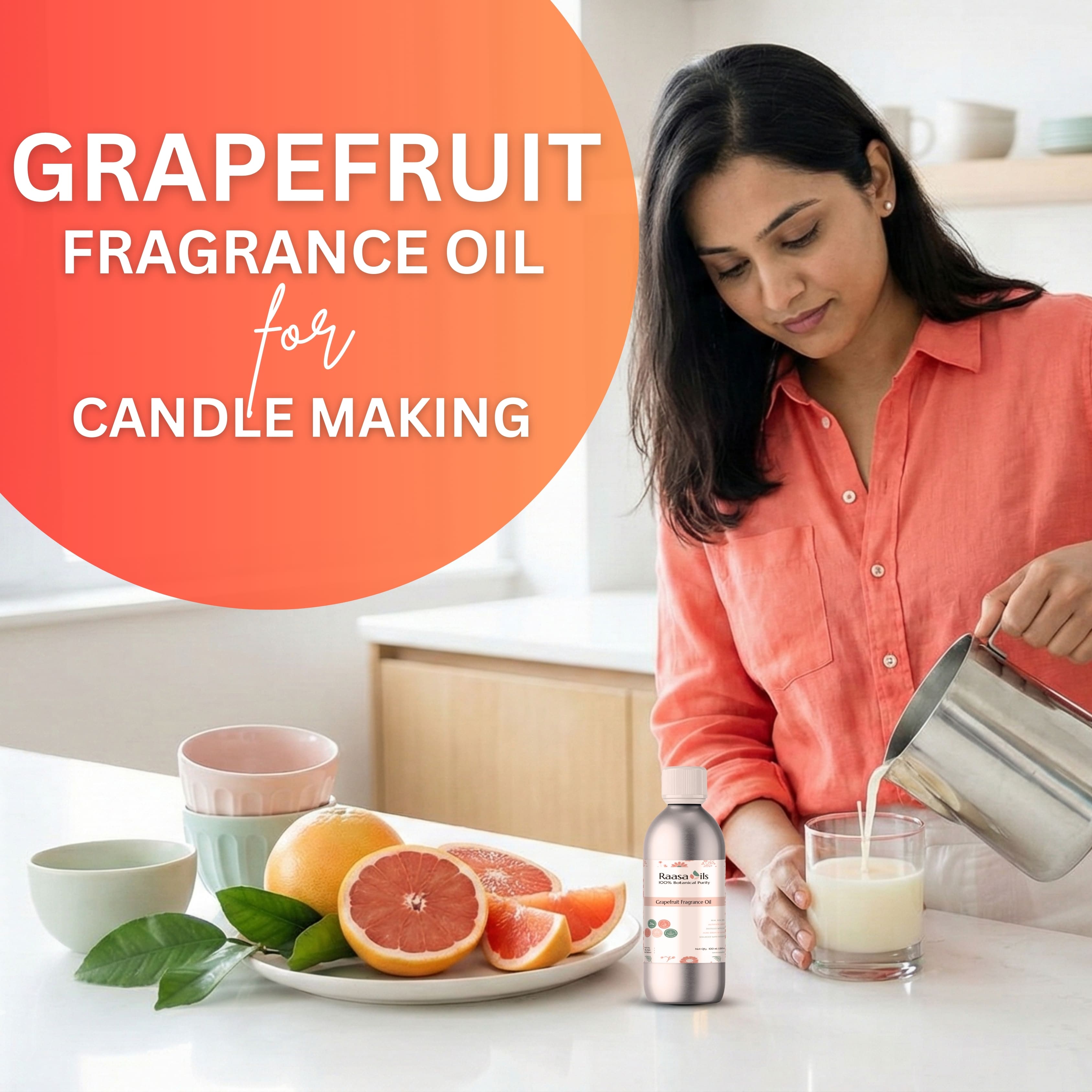 Woman pouring liquid into a glass with grapefruit and fragrance oil on a table, promoting grapefruit fragrance oil for candle making.