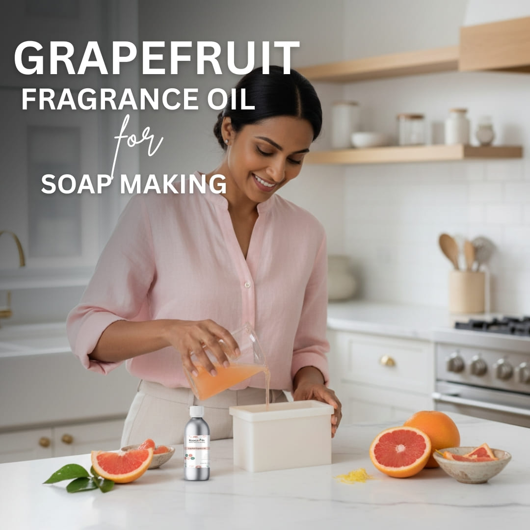 Woman in a kitchen making soap with grapefruit fragrance oil, surrounded by grapefruits.