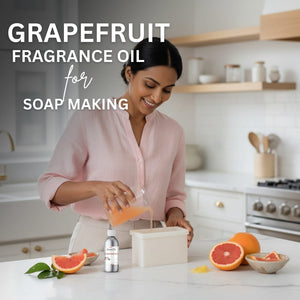Woman in a kitchen making soap with grapefruit fragrance oil, surrounded by grapefruits.