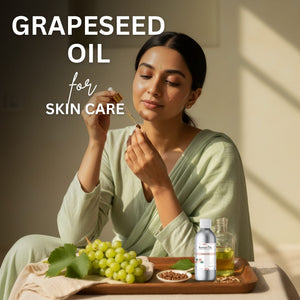Woman applying grapeseed oil to her face with a wooden tray of grapes and oil bottles.