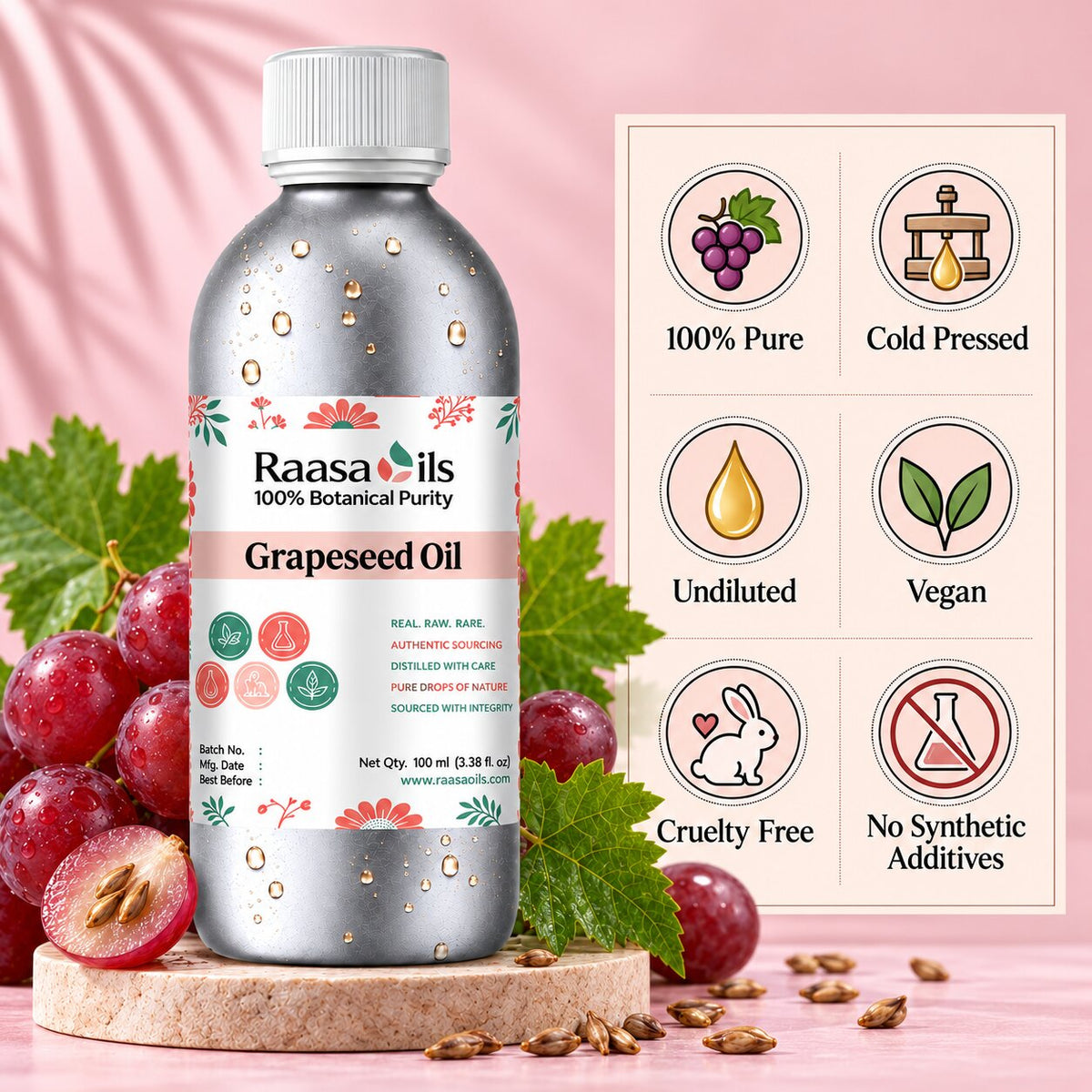 A bottle of Raasa Oils Grapesed Oil displayed on a pink background with fresh grapes, leaves, and a feature infographic on the right.