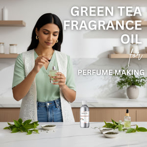 Woman in a kitchen holding a bottle of green tea fragrance oil with text about green tea fragrance oil for perfume making.